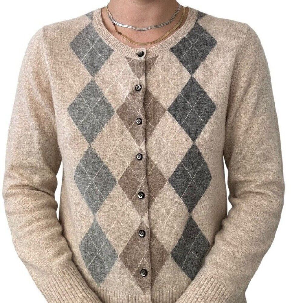 NWOT Apt 9 Womens Beige 100% Pure cashmere Preppy Argyle Cardigan sz L - Picture 3 of 7